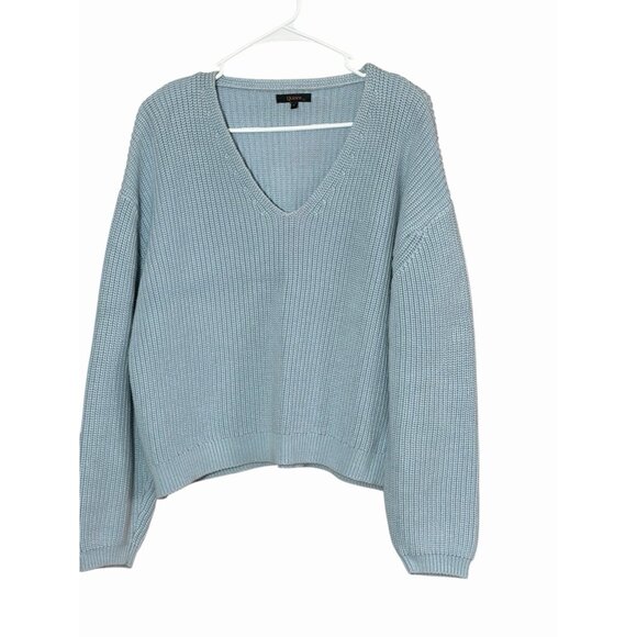 Quince Womens 100% Organic Cotton Fisherman V-Neck Sweater Sz L Sky Blue Classic - Picture 1 of 7